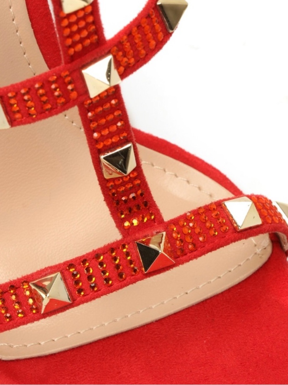 Fashion Nova Red Crystal Pyramid Stud T-Strap Heels - Picture 4 of 10